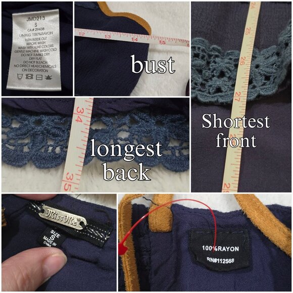 Dress – Miss Me – Navy Blue – Lace Trim Rayon Adjustable Strap Asymmetrical Hem - Picture 11 of 12